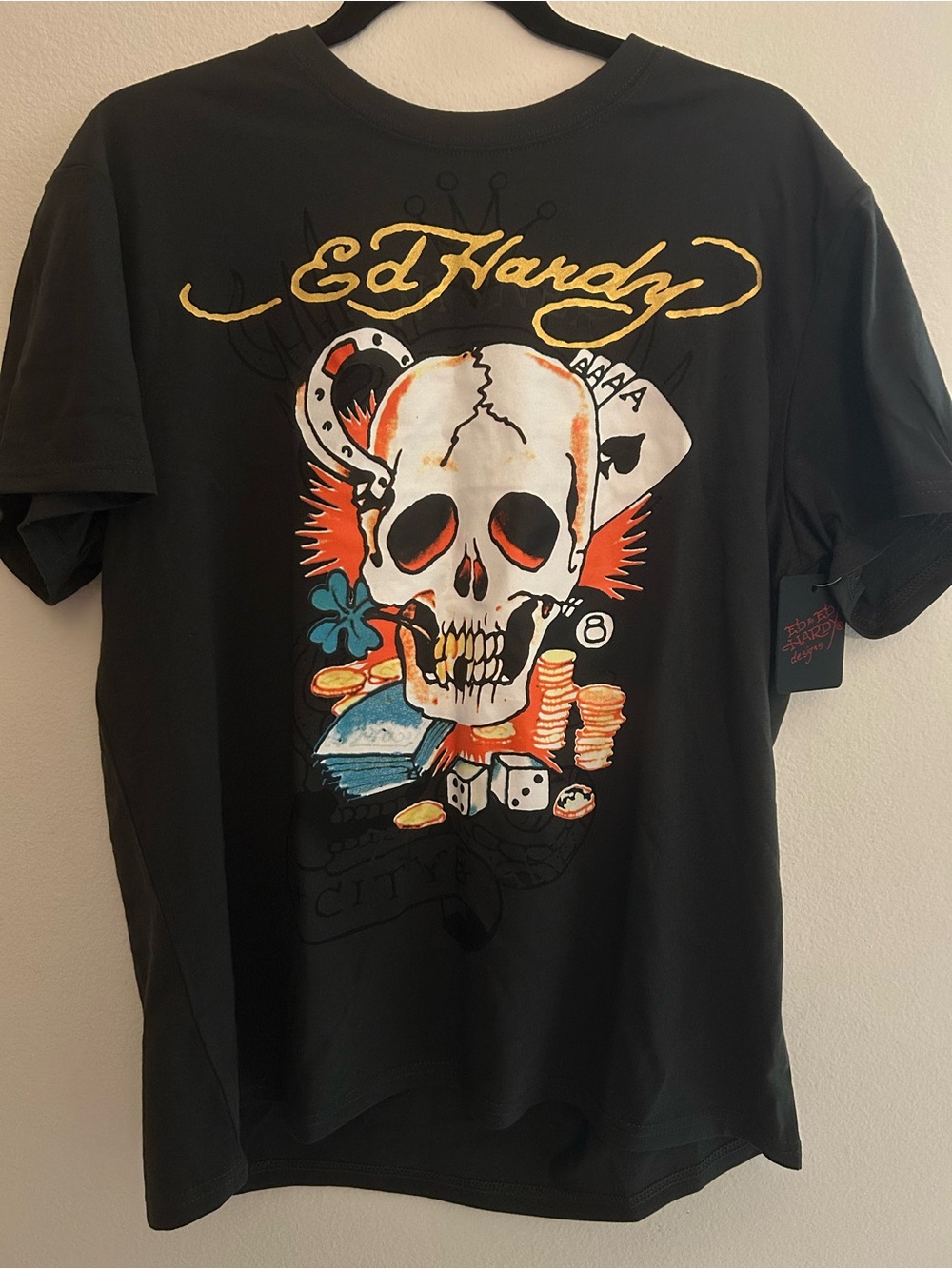 Ed Hardy Black Tee with Colorful Skull & Casino Graphic